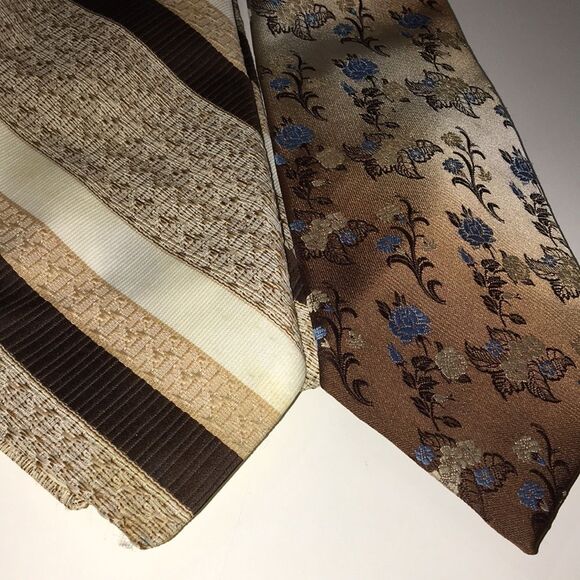 2 Vintage Men’s Neck Ties Retro Business Office Casual Tan Stripe & Brown Floral - Picture 2 of 11